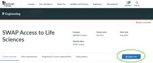 a screenshot showing Edinburgh College's website with the 'apply now' button circled