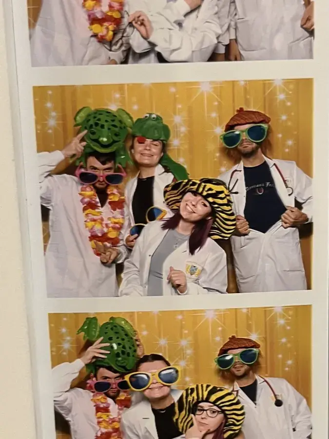 Photo booth set of three photos of students wearing white coats and funny hats and glasses